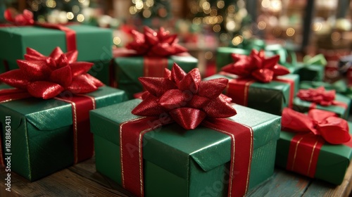 Wallpaper Mural Bright green gifts with red bows are neatly arranged on a wooden table. The background features warm holiday decorations creating a cheerful festive atmosphere. Torontodigital.ca