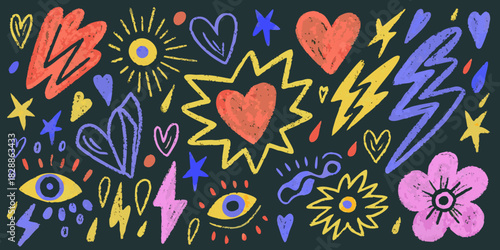 Colorful doodle artwork featuring hearts eyes stars flowers and lightning bolts