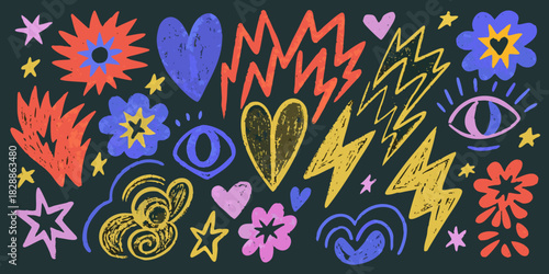 Colorful hand drawn doodles featuring flowers hearts lightning and abstract shapes