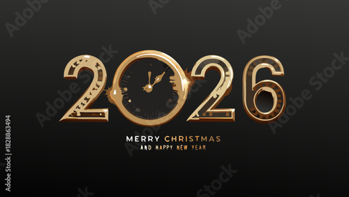 Golden 2026 new year celebration with a clock and christmas wishes
