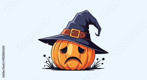 A cartoon illustration features a sad Halloween pumpkin wearing a witch's hat, sitting on a patch of grass against a light blue background.