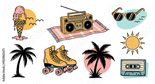 Collection of retro summer vacation icons featuring a boombox, roller skates, cassette tape, and melting ice cream in a hand-drawn doodle style with a nostalgic vibe