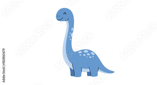 An adorable, friendly blue long-necked cartoon dinosaur with light blue spots stands cheerfully on a white background, perfect for children's themes.