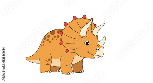 A charming cartoon triceratops dinosaur with orange skin, brown spots, red spikes, and white horns smiles happily against a pristine white background.