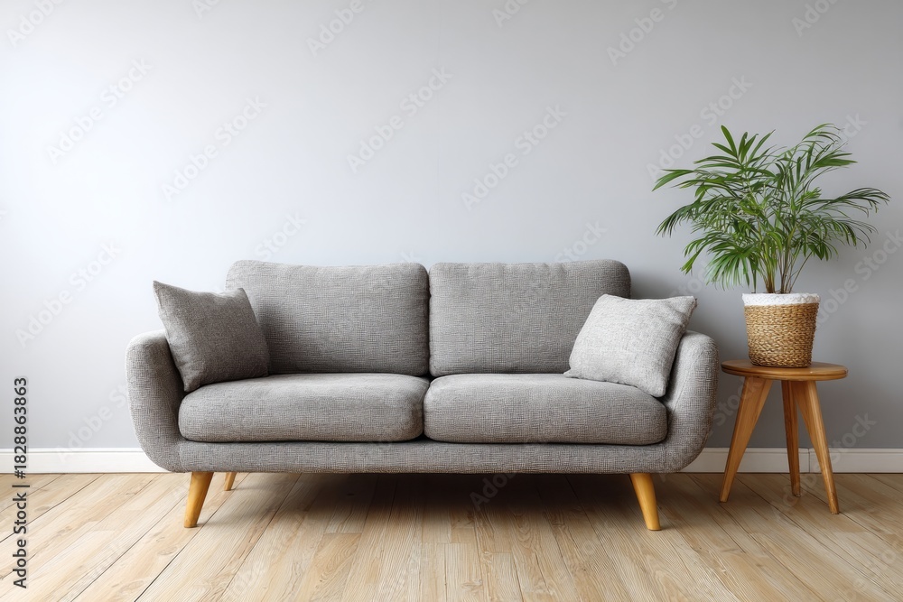 Obraz premium A modern gray sofa with throw pillows sits next to a potted plant.