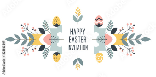 Happy easter invitation greeting card with symmetrical floral decoration, decorated eggs, and modern folk art elements in a pastel color palette