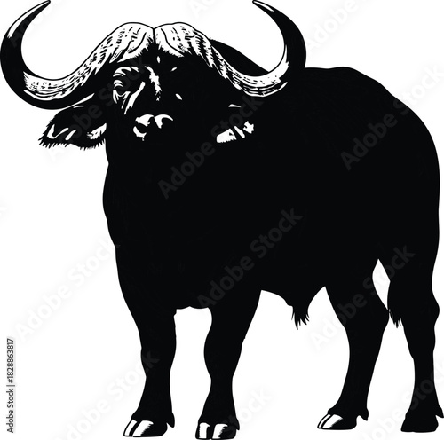 Stylized black and white African buffalo illustration with curved horns and muscular body for wildlife and design themes 