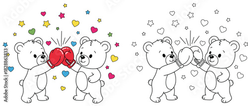 Cute cartoon bears boxing and touching gloves with hearts, coloring book page for kids, split colorful and outline vector illustration for children education