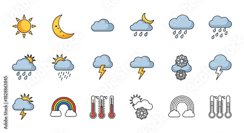 A diverse collection of colorful and outline weather icons, featuring sun, moon, clouds, rain, snow, lightning, rainbows, and thermometers.