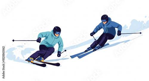 Dynamic skiers carving down snowy slopes, ideal for winter sports promotions and adventurous lifestyle content that captures the thrill of the mountains