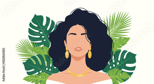 Fashionable woman with dark curly hair and gold jewelry framed by tropical monstera and palm leaves, an illustration of elegant, natural beauty.