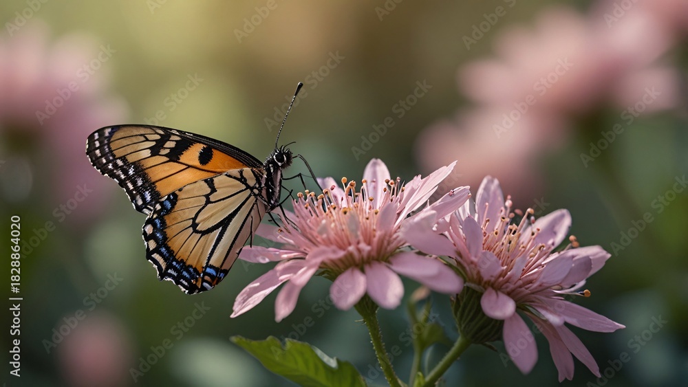 Fototapeta premium Macro of a butterfly resting on a flower with Spring dreamy pastel bokeh