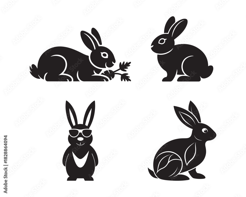 Fototapeta premium rabbits eating carrots, wearing sunglass vector silhouette illustratioin set collection