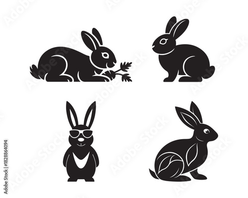 rabbits eating carrots, wearing sunglass vector silhouette illustratioin set collection