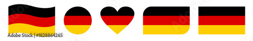Set of five Germany flag vector icons featuring wavy, circular, heart-shaped, rounded-corner, and rectangular designs with bold black, red, and gold stripes for graphic and patriotic themes