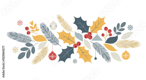 Festive winter holiday botanical arrangement with stylized holly leaves, fir branches, red berries, and hanging ornaments in a modern, elegant flat design style