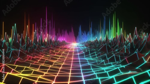 Dynamic spectrum analyzer visualization with vibrant neon colors flowing smoothly
