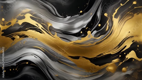 Dynamic gold paint flowing through black and gray, a stunning modern art piece