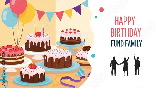 Delightful birthday party cakes and festive decor for a heartwarming family celebration, perfect for invitations and joyful event promotion