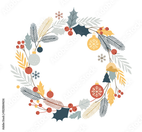 Beautiful christmas holiday wreath illustration with pine branches, holly leaves, red berries, and decorative ornaments in a modern, minimalist flat design for seasonal greetings
