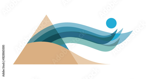 Abstract nature logo with mountain and wave shapes in a minimalist, flat design style, featuring translucent overlapping layers in blue and beige tones for a serene, modern emblem