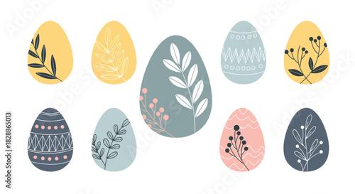 Colorful decorated easter eggs with botanical and geometric patterns in a modern scandinavian folk art style for a festive spring holiday celebration