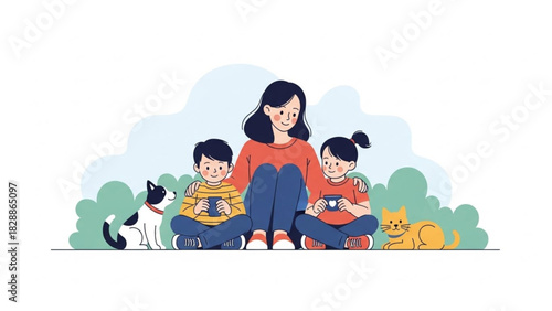 Loving mom enjoys happy time with kids, dog and cat in the yard, a heartwarming family scene that captures joy, love and playful moments together