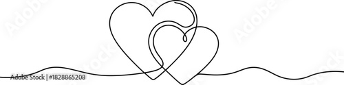 Continuous line drawing of two intertwined hearts, symbolizing love and connection, presented in a minimalist, elegant style