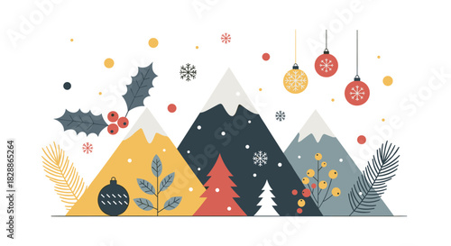 Christmas winter landscape illustration with festive elements like snowy mountains, decorated trees, hanging ornaments, and holly berries in a modern flat design style