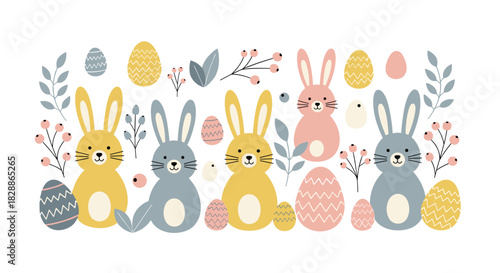 Collection of cute pastel easter bunnies and decorated eggs with floral elements, a charming and festive vector illustration set for a happy spring holiday celebration
