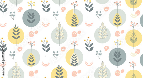 Seamless easter pattern with stylized plants, decorative eggs, and berries in a gentle pastel color palette, featuring a minimalist scandinavian design for spring holiday decoration