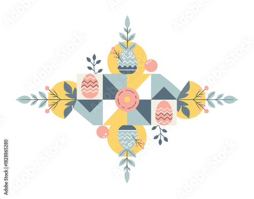 Decorative geometric easter composition with painted eggs, floral vases, and leafy branches arranged in a symmetrical, modern folk art style with a pastel color palette