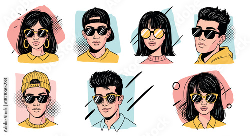 Collection of stylish illustrated portraits of diverse young men and women wearing sunglasses in a cool pop art comic style with bold lines and halftone patterns