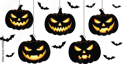 Chilling Halloween Night Festive Decor with Glowing Jack-o'-Lantern Pumpkins and Flying Bat Silhouettes, Perfect for Spooky Seasonal Celebrations