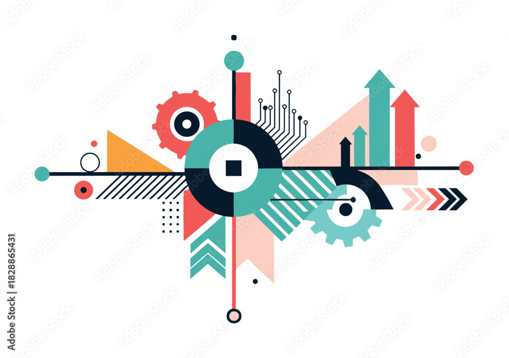 Fototapeta premium Abstract geometric technology composition with gears and arrows representing progress, innovation, and data analysis in a modern flat vector illustration style