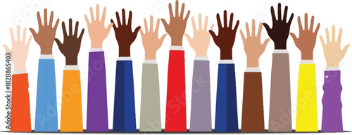 Vibrant vector illustration showing diverse hands with multiple skin tones raised in unity, representing community engagement, social equality, and collective support
