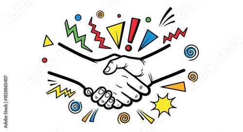 Handshake illustration in a vibrant pop-art style with colorful geometric shapes and an exclamation mark symbolizing an exciting agreement or successful partnership