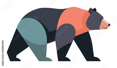 Stylized flat design vector illustration of a walking bear with a multi-colored body, depicted in a modern, minimalist graphic style with simple geometric shapes