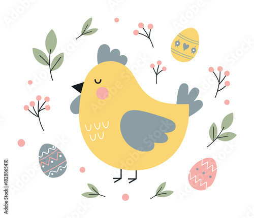 Cute yellow cartoon chicken illustration with decorated easter eggs, green leaves, and pink berries in a charming scandinavian style for a festive spring holiday