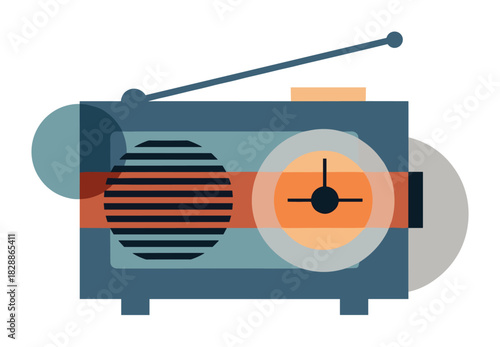 Retro portable radio receiver depicted in a minimalist flat illustration style using overlapping geometric shapes and a muted color palette for a vintage, nostalgic vibe