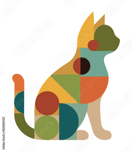 Colorful geometric cat silhouette illustration made from abstract shapes in a modern, flat design style with a retro color palette, sitting calmly in profile