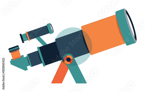 Colorful flat design illustration of a telescope for astronomy, featuring an orange and blue optical instrument on a stand for viewing stars, planets, and the night sky