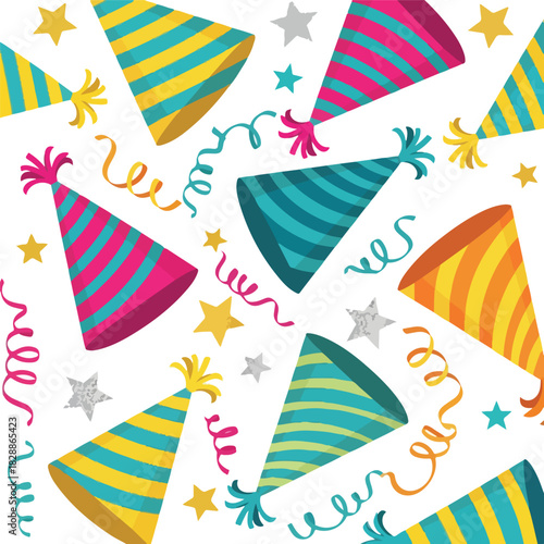 A colorful illustration of party hats and confetti on a white background. Perfect for celebrations, birthday parties, and festive decorations.