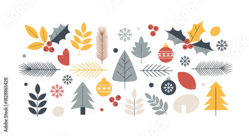 Collection of minimalist christmas illustrations featuring trees, snowflakes, ornaments, and holly leaves in a modern, flat design style for festive holiday greetings