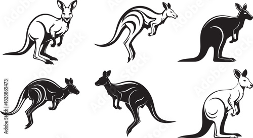 Collection of Six Stylized Kangaroo Silhouettes in Black and White vector illustration