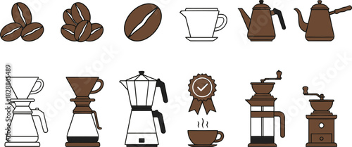 Comprehensive Coffee Preparation and Brewing Icons Vector Set Illustrating Grinders, Moka Pot, Drip Makers, and Whole Beans for Cafe and Shop Menu Design.