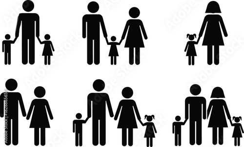 A diverse set of black and white stick figure family icons representing various family units, including parents and children holding hands