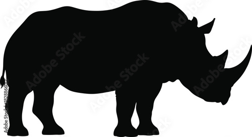Silhouette of a rhinoceros in profile view with two horns and thick legs for wildlife and design themes
