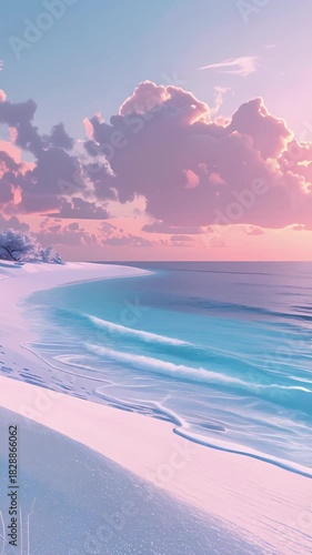 Dreamy beach waves rolling onto white sands under pastel skies at sunset creates peace