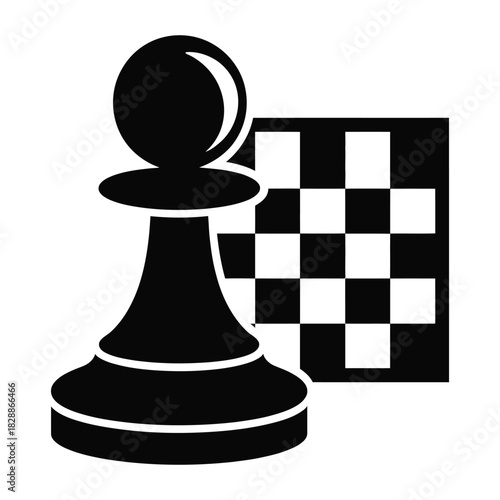 Black and white icon graphic silhouette of a chess pawn piece standing next to a checkered chessboard isolated on white background